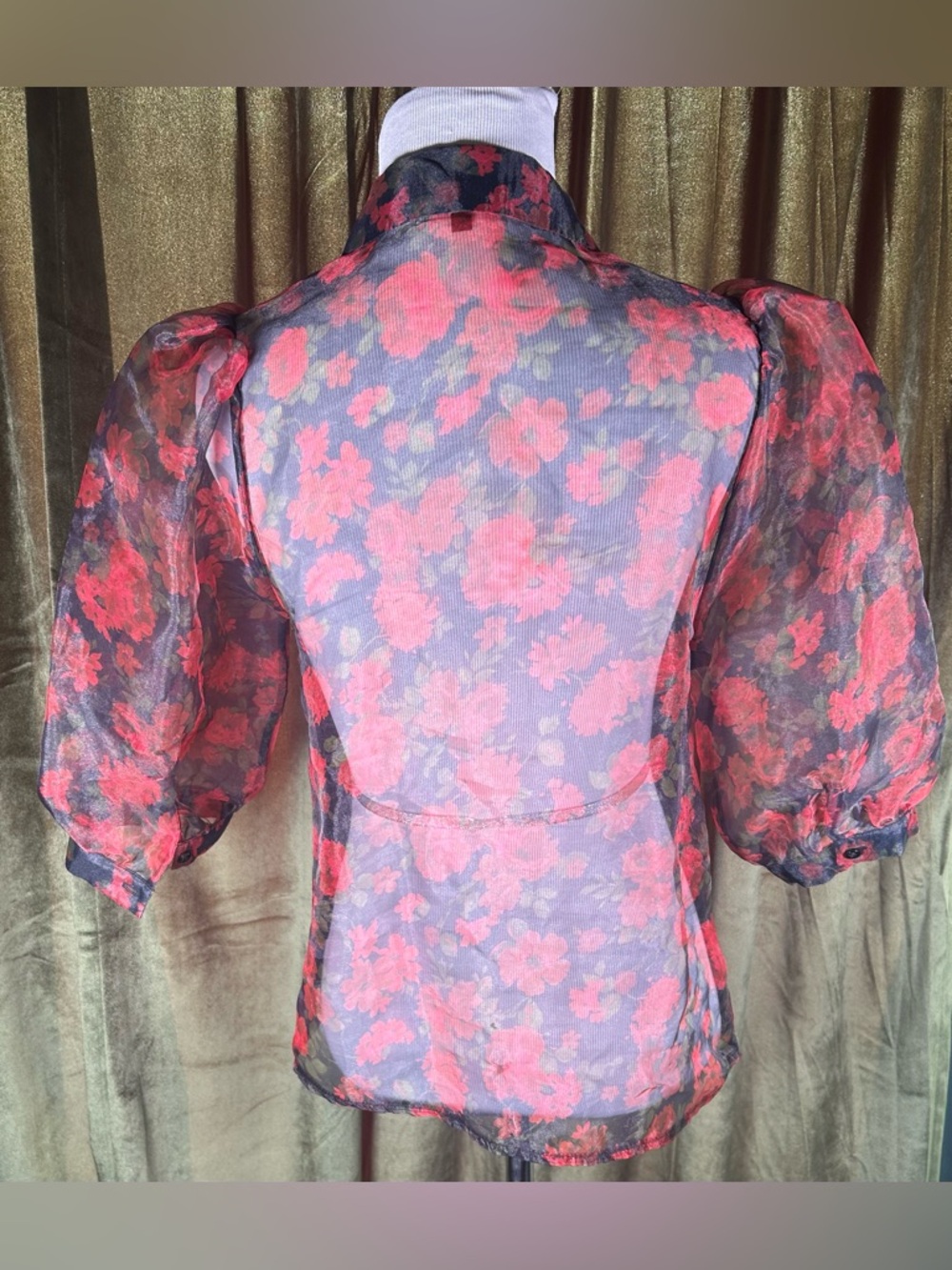 Blashe Sheer Floral Red Rose Puff Sleeve Organza Button Down Blouse - Picture 4 of 5